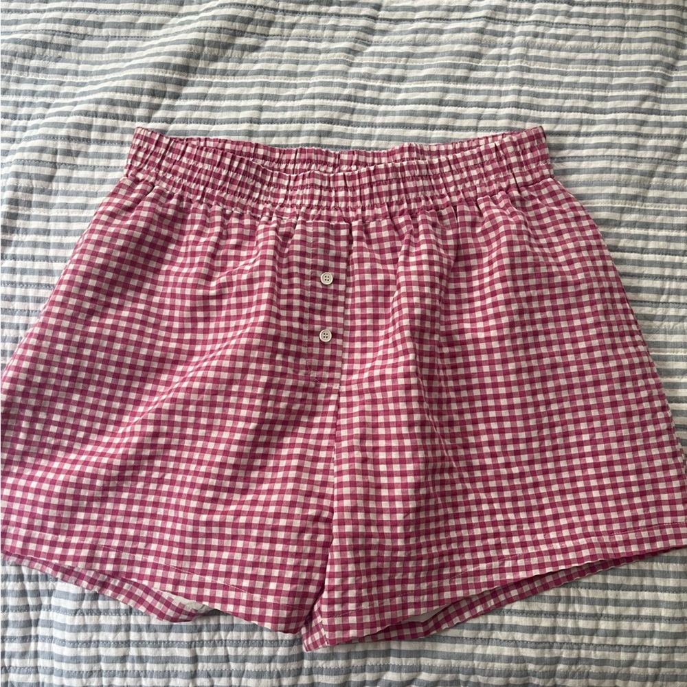 Womens Pink Gingham Elastic Waist Shorts
